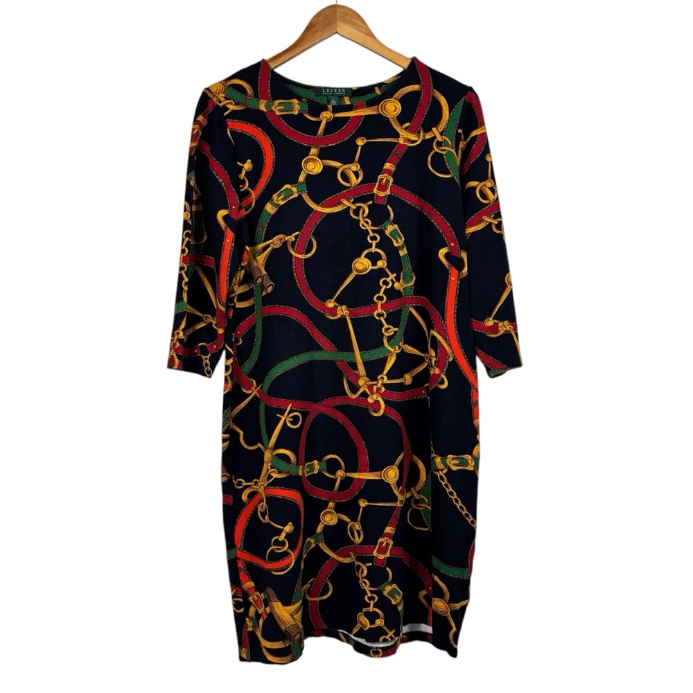 Lauren Ralph Lauren Equestrian Print Shift Dress Classic 3/4 Sleeve Womens Large